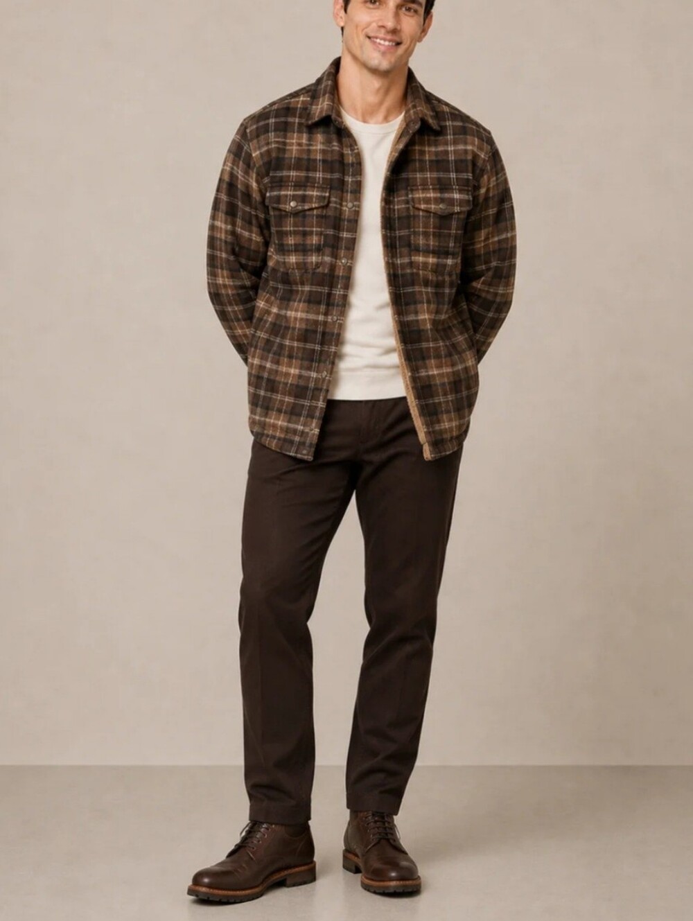 Ni Coby NWT Sherpa-Lined Flannel Plaid Lined Shacket Navy Tan Men's Size L Snap